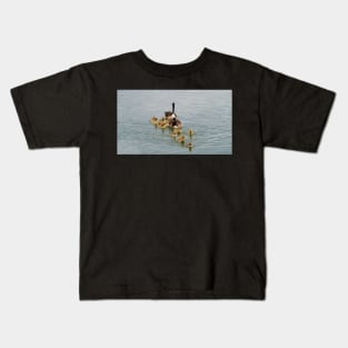 Family of Canada Geese Goslings Swimming Together In A Row Kids T-Shirt